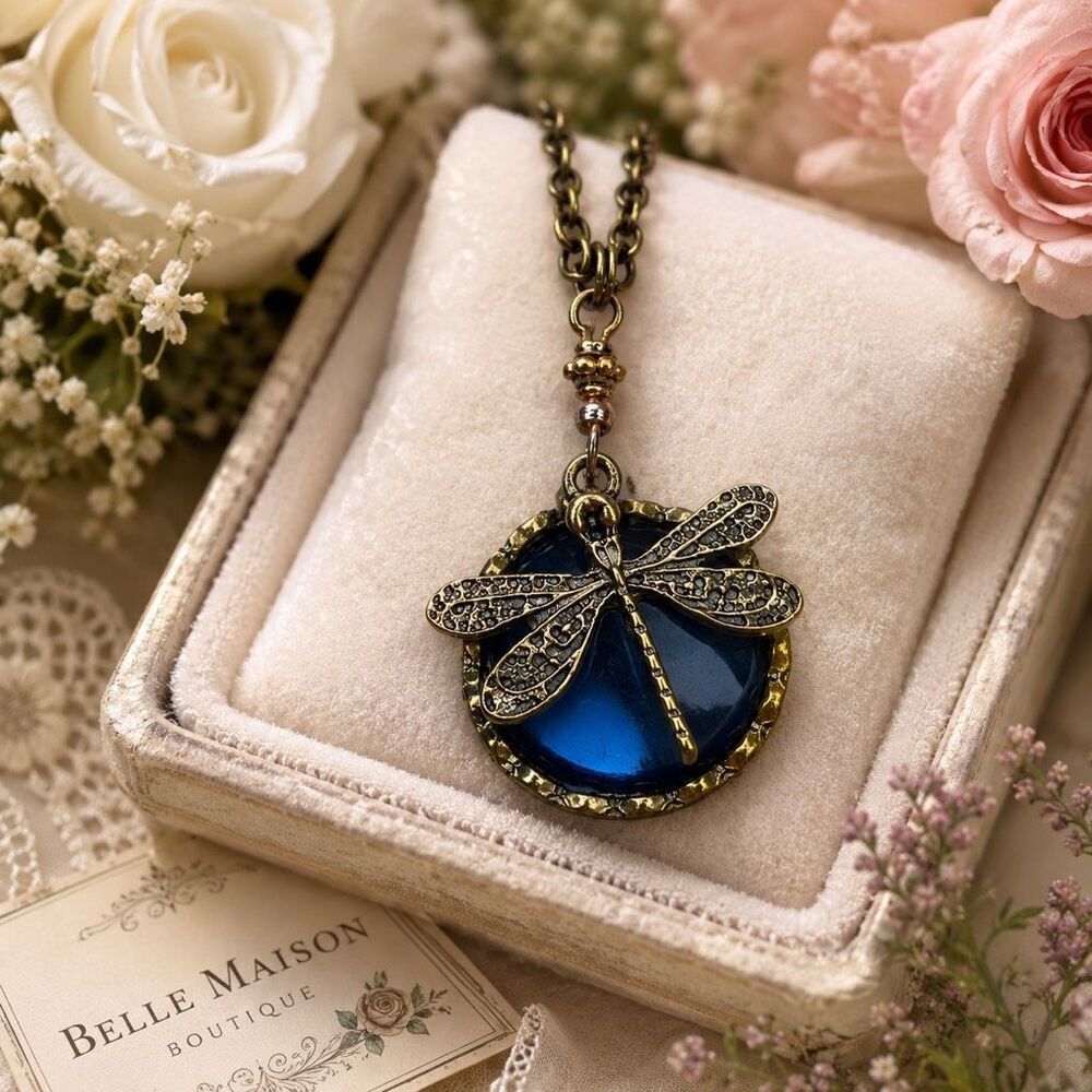 Blue Dragonfly Glass Pendant Necklace Victorian Garden Style